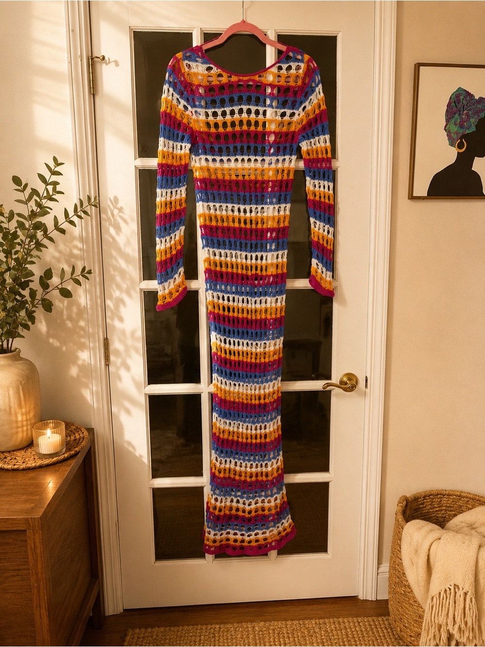 Mango Multicolor Crochet Long Sleeve Swim Coverup - Red Blue Yellow White